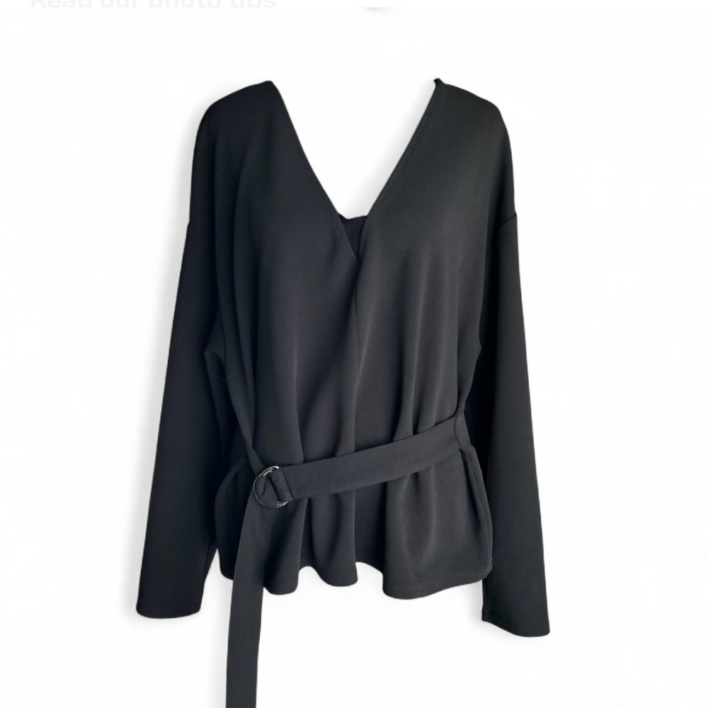 ZARA Black V-Neck Long Sleeve Belted Women's Top M